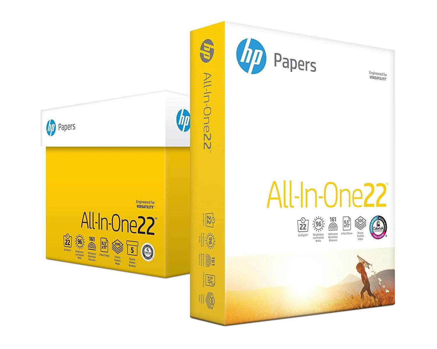 HP Printer Paper, All In One22, 8.5 x 11, Letter, 22lb, 96 Bright, 2,500 Sheets / 5 Ream Carton (207000C) Made In The USA