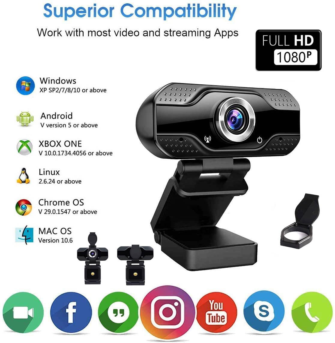 Full HD Webcam 1080P USB Web Camera PC Has anti-noise function with Built-in Microphone Manual focus for Computer Work Online Class Broadcast web cam