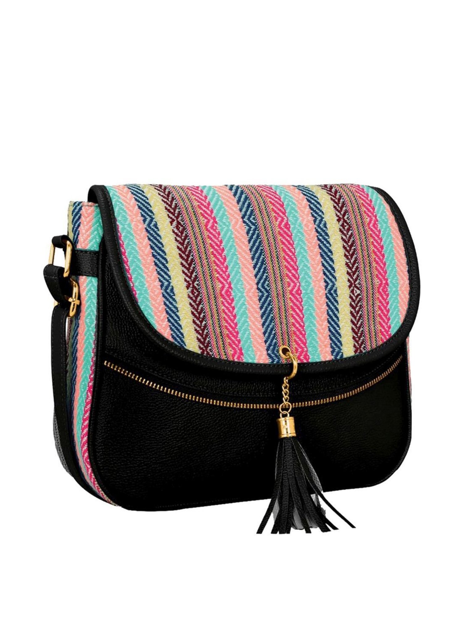 KLEIO Black Embroidered Medium Sling Handbag