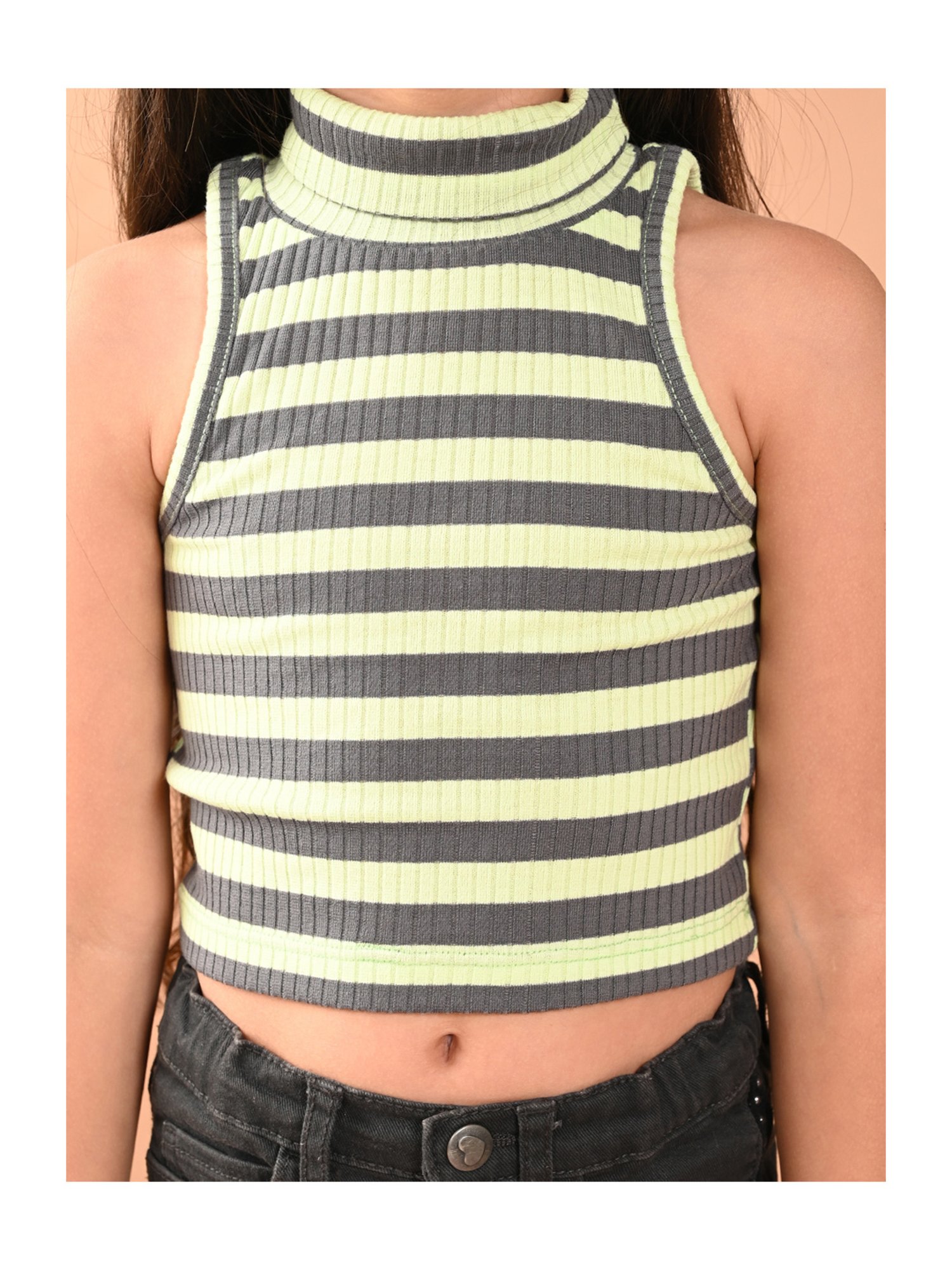 LilPicks Kids Light Green & Grey Striped Crop Top