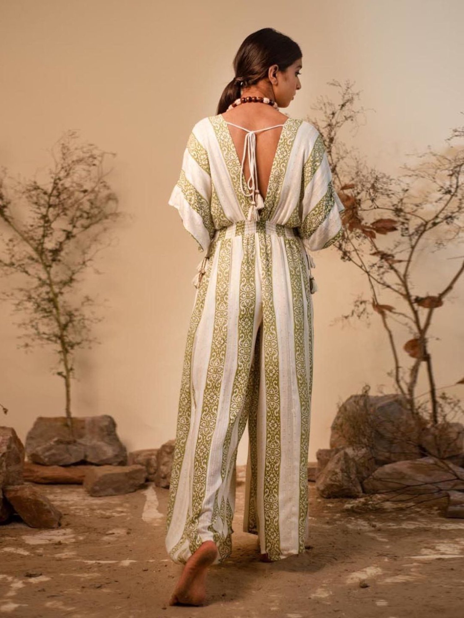 LABEL REYYA Off-White & Green Afro Jumpsuit