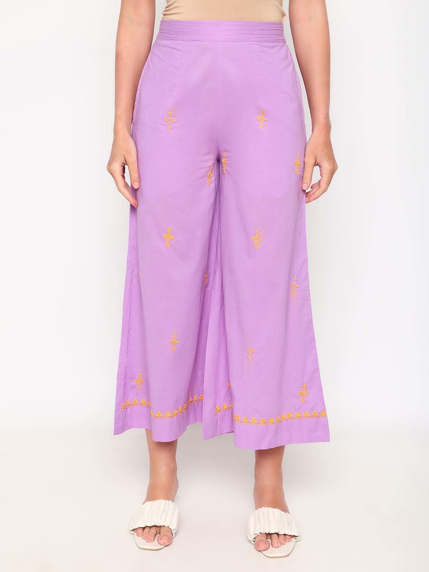 Sringam Purple Cotton Embroidered Top Palazzo Set