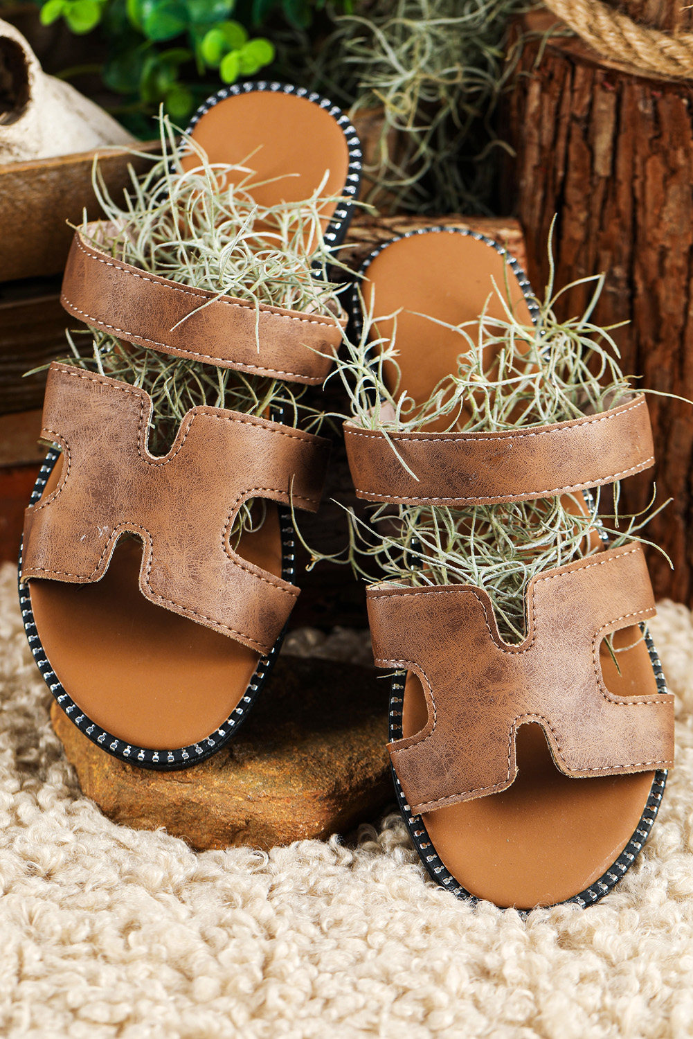 Brown Leather H Band Flat Slides S​hoes