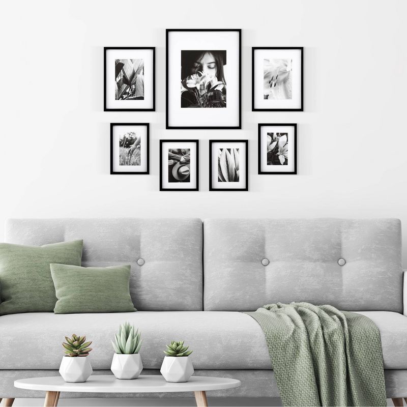 7pc Gallery Wall Frame Set with Decorative Art Prints and Hanging Template Black - Gallery Solutions