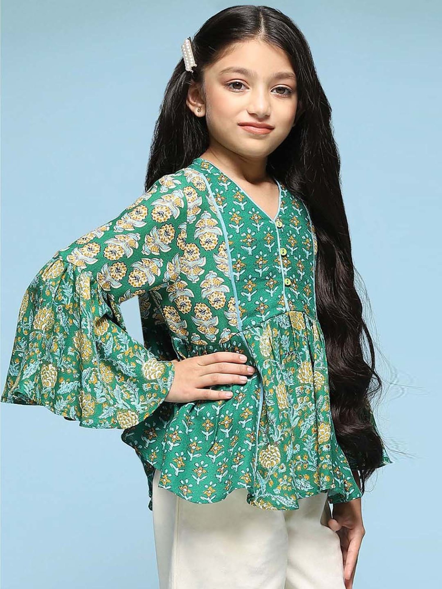 BIBA Girls Kids Green Printed Full Sleeves Top
