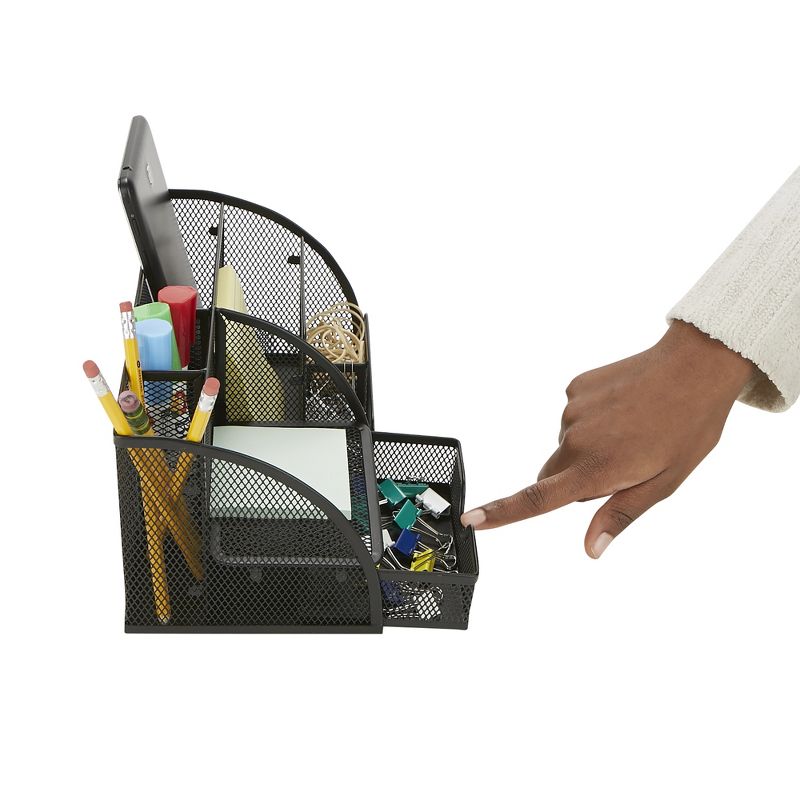 MIND READER Desk Organizer [7-Compartment] - Supplies and Accessories Storage For Office Desk with Mail Sorter, Sticky Note Pad Holder, Pencil and Pen Basket, Paper Clip Drawer Tray (BLACK)