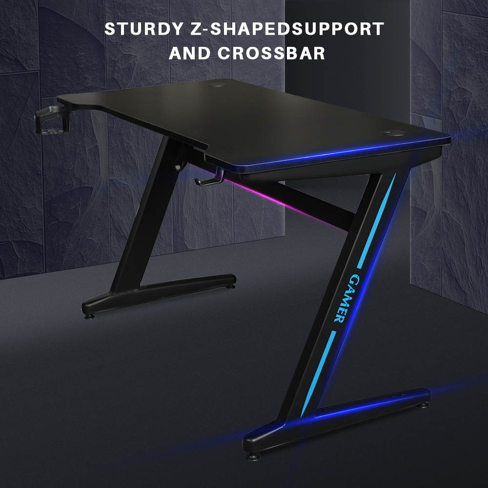 TROPRO Large Gaming Desk 55 Inch Computer Gaming Desk E-Sports Racing Table with with Cup Holder, Headphone Hook for Home Office, Black