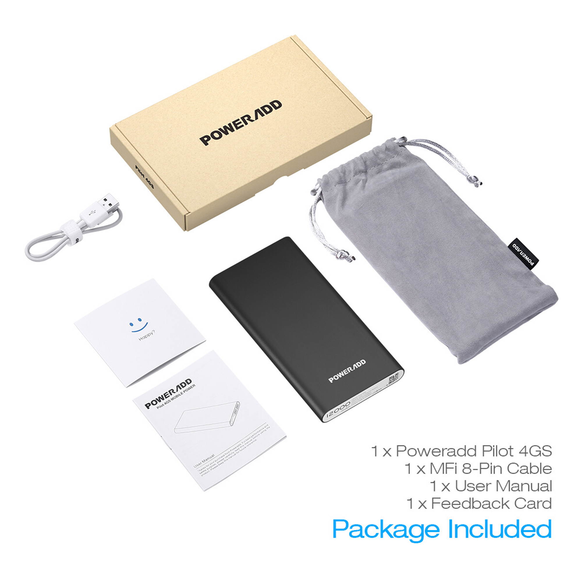 Poweradd Pilot 4GS 12000mAh Power Bank Portable Charger Dual USB Ports External Battery for iPhone Androids Cellphones - Black