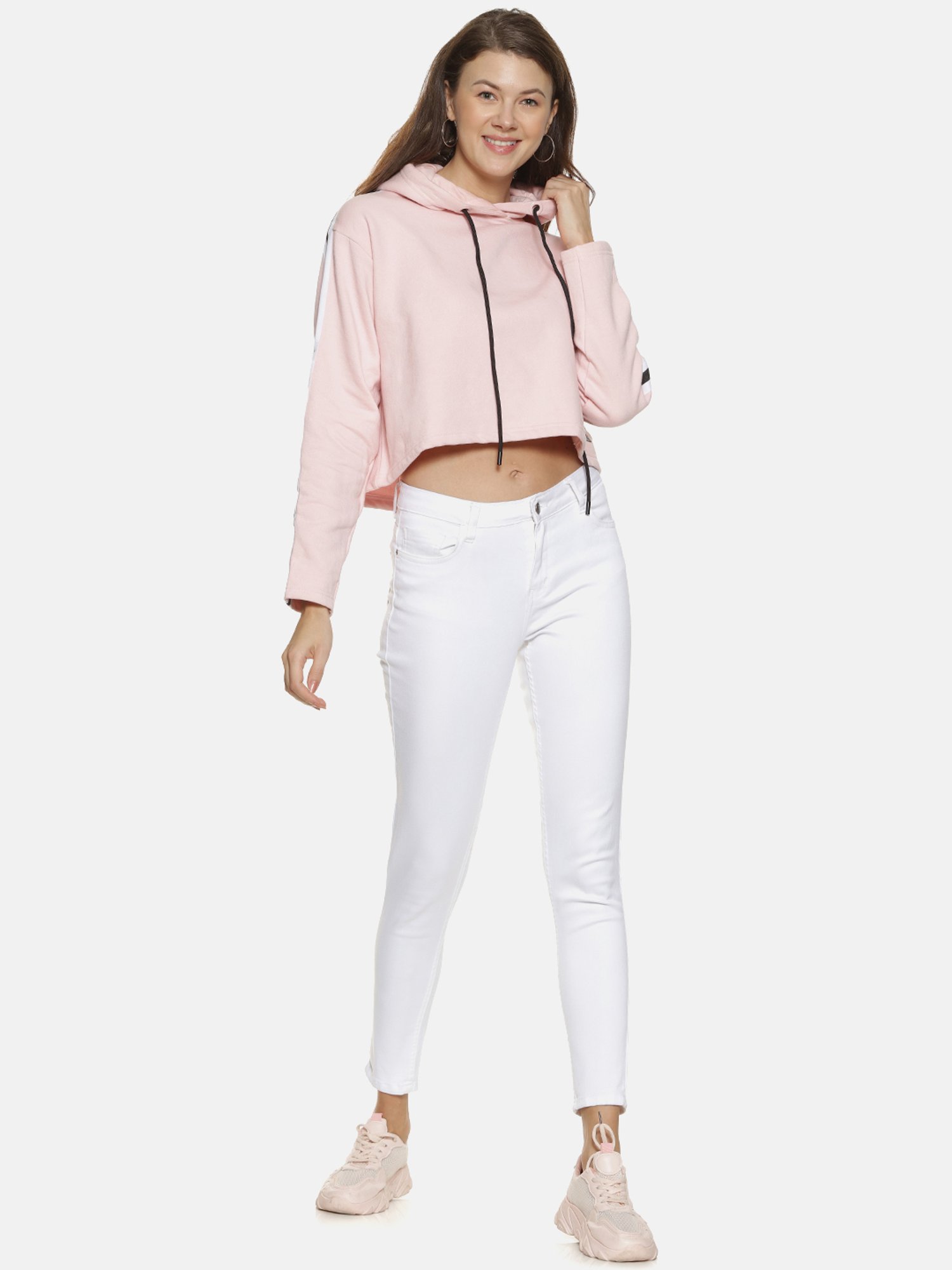 Campus Sutra Pink Full Sleeves Hooded Sweatshirt