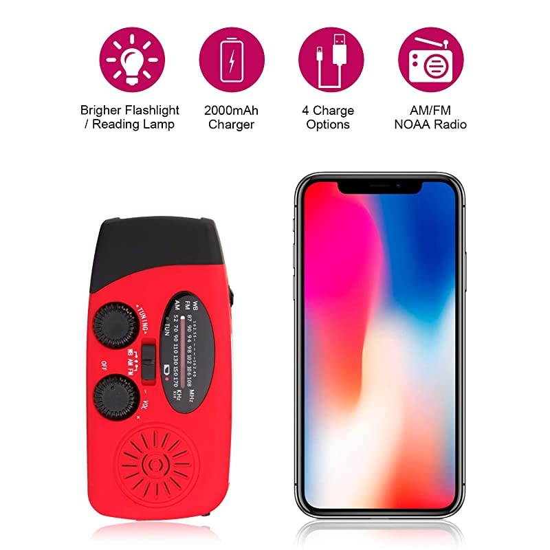 Hand Crank Emergency Weather Radio NOAA AM FM Portable Radio with 3 LED Flashlight 1000mAh Power Bank Cellphone Charger