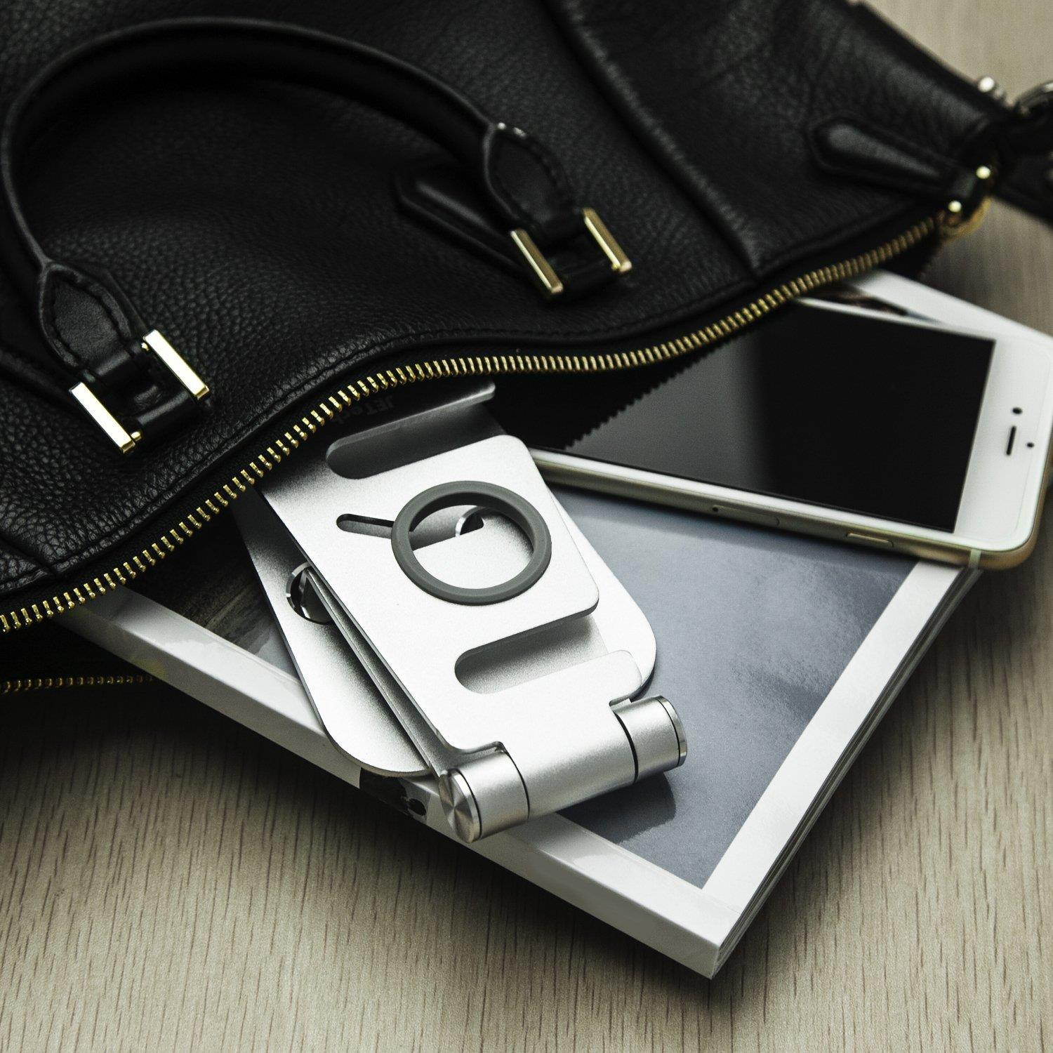 JETech 2-in-1 Aluminum Stand Compatible with Smartphones and Apple Watch, Foldable Holder, Multi-Angle Desktop Cradle, Adjustable Charging Dock - Silver