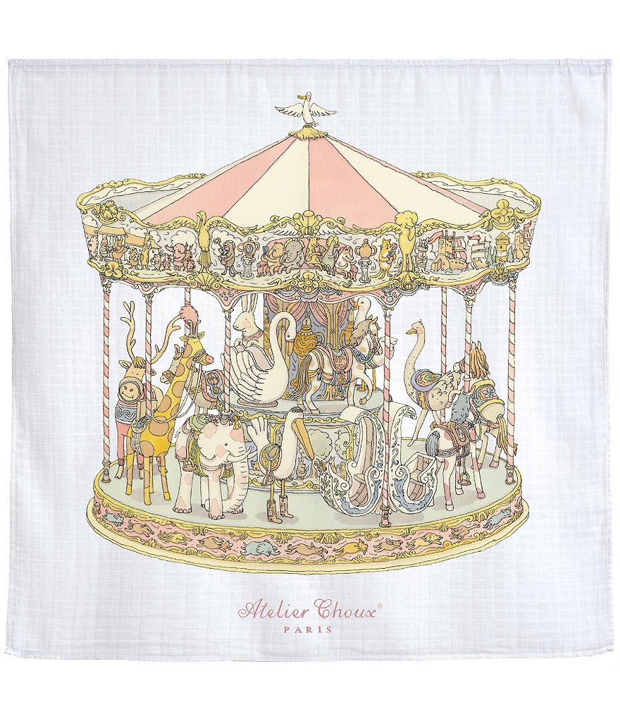 Atelier Choux Paris Organic Cotton Baby Carousel Swaddle Blanket with Gift Box