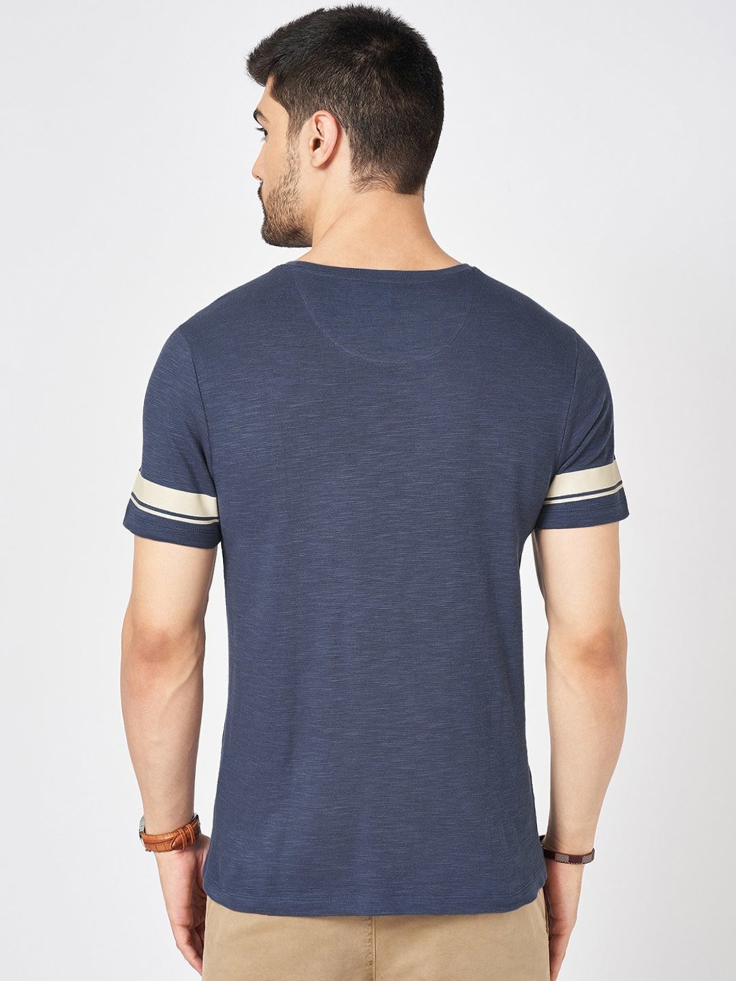 Urban Ranger By Pantaloons Blue Cotton Slim Fit Texture T-Shirt