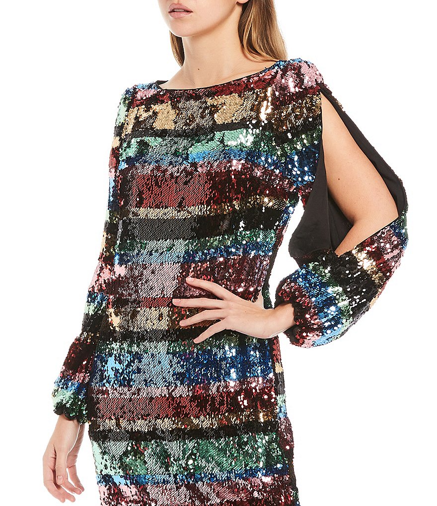 Harlyn Long Cold Shoulder Sleeve Striped Sequin Sheath Dress