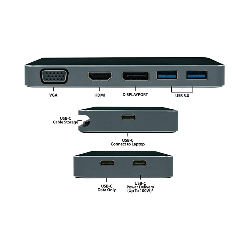 VT200 USB C Portable Dock (901226) | Dual Display, USB 3.0, HDMI | DisplayPort, VGA, Power Delivery Passthrough | USB-C Laptop, Mac, PC Compatible, USB-C, w/Power Passthrough