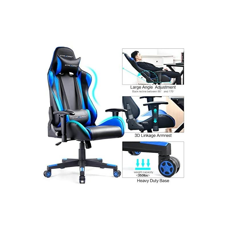 Gaming Chair Racing Office Computer Game Desk Chair Ergonomic Backrest and Seat Height Adjustment Swivel Rocker with Headrest and Lumbar Pillow E-Sports Chair Black (Blue)