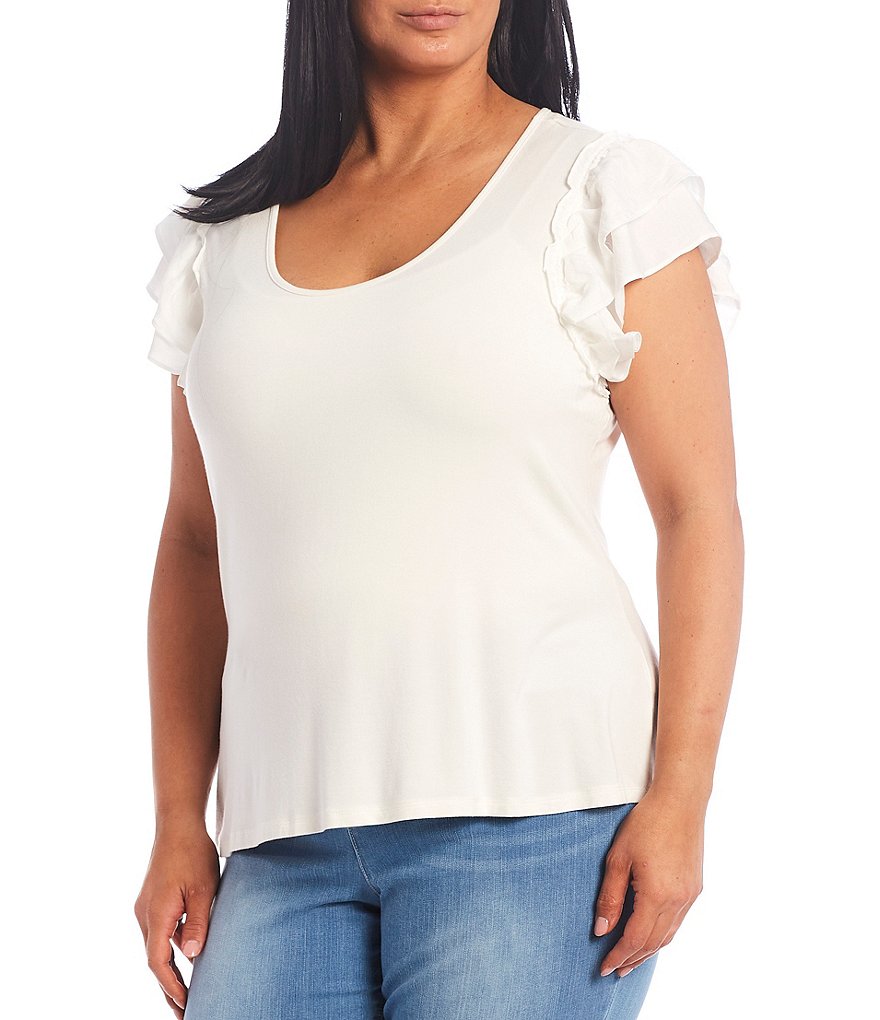 Democracy Plus Size Floral Print 3/4 Puff Sleeve V-Neck Knit Top