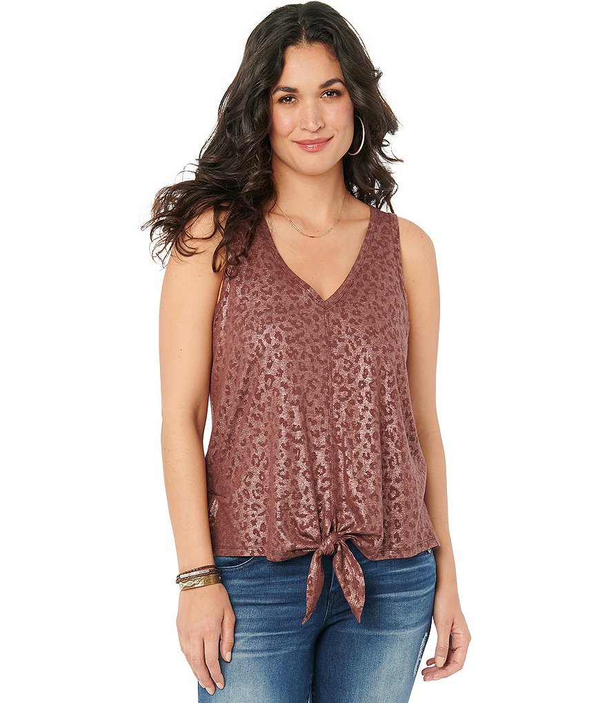 Democracy Animal Fog Foil Print V-Neck Tie-Front Hem Knit Tank