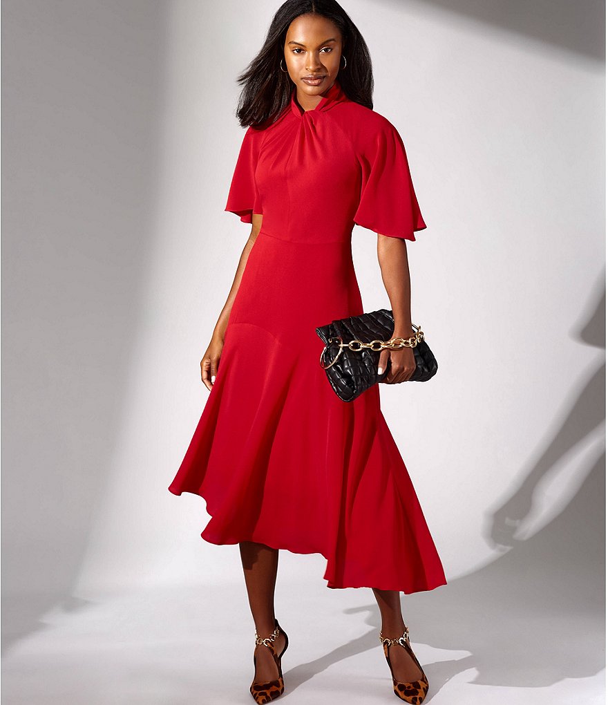 Maggy London Asymmetrical Crepe Midi Stretch Dress