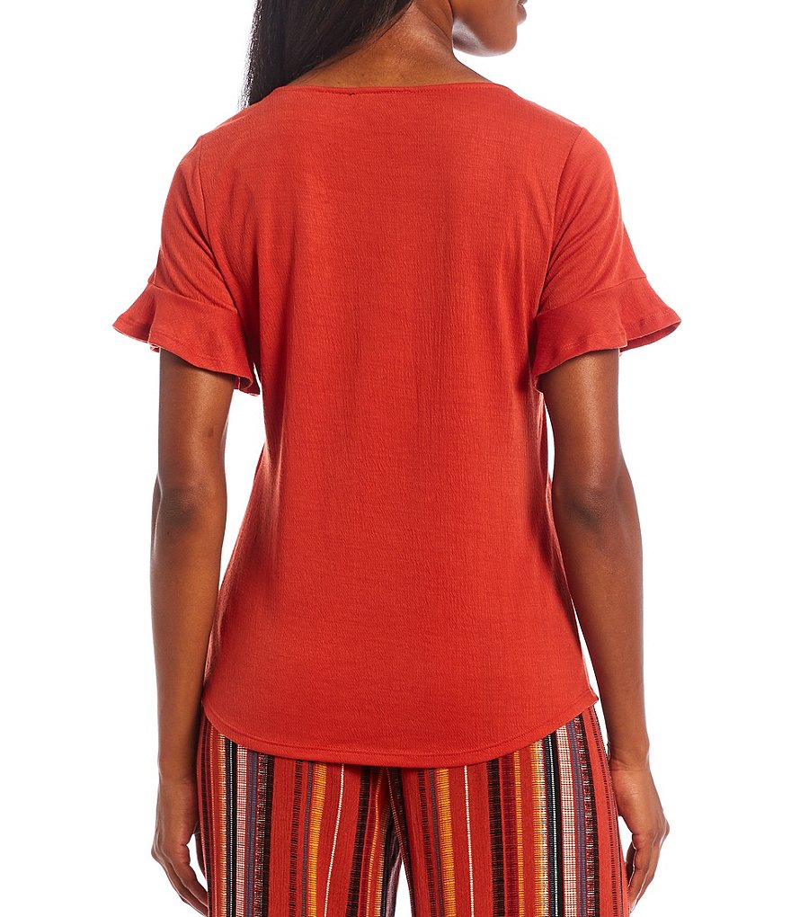 I.N. Studio Solid Pucker Knit Lattice Ring Detail Scoop Neck Flounce Cuff Short Sleeve Top