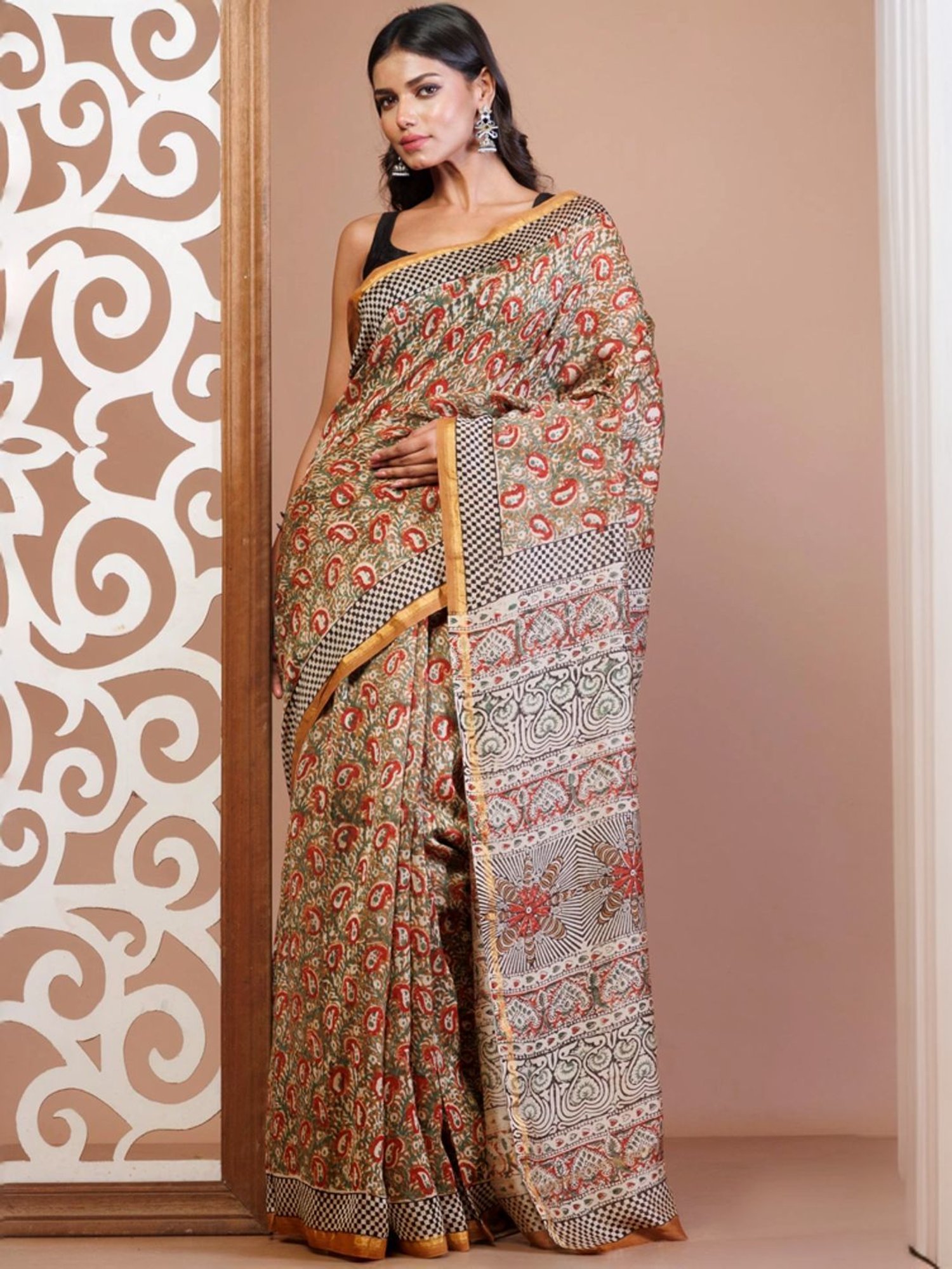 Unnati Silks Brown Printed Saree With Unstitched Blouse