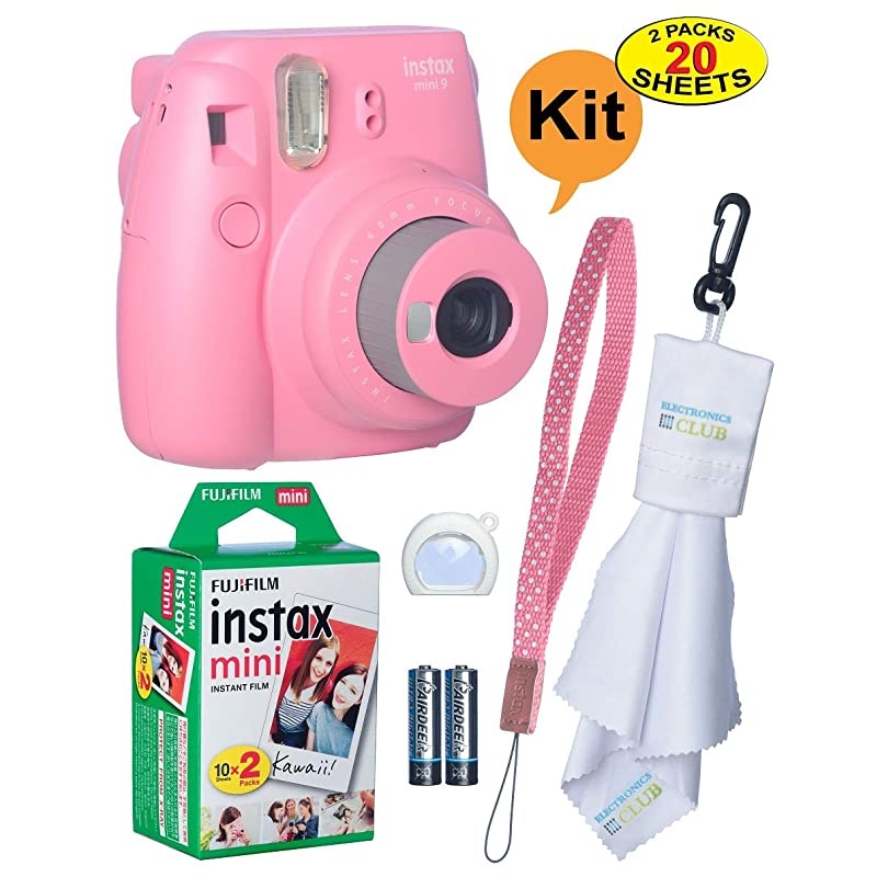 Instax Mini 9 Instant Film Camera + 20 Sheets of Instant Film + Lens Cleaning Cloth + Close-Up Selfie Lens + Wrist Strap | Batteries Included - Pink