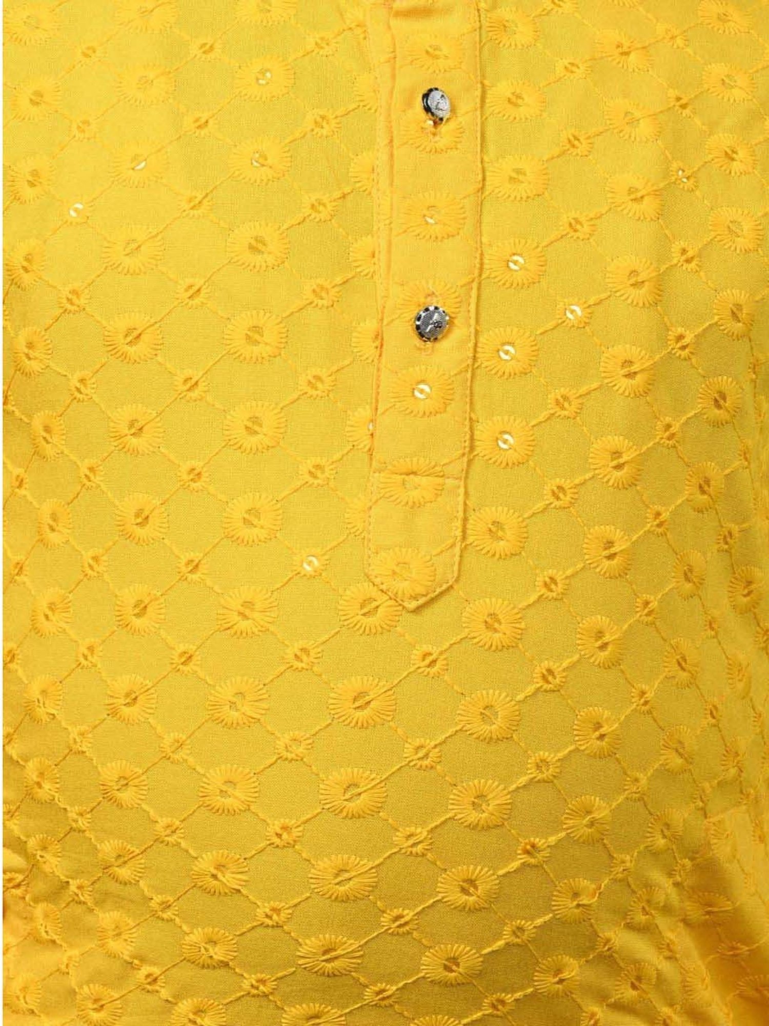 Ahhaaaa Kids Yellow & White Cotton Embroidered Full Sleeves Kurta Set