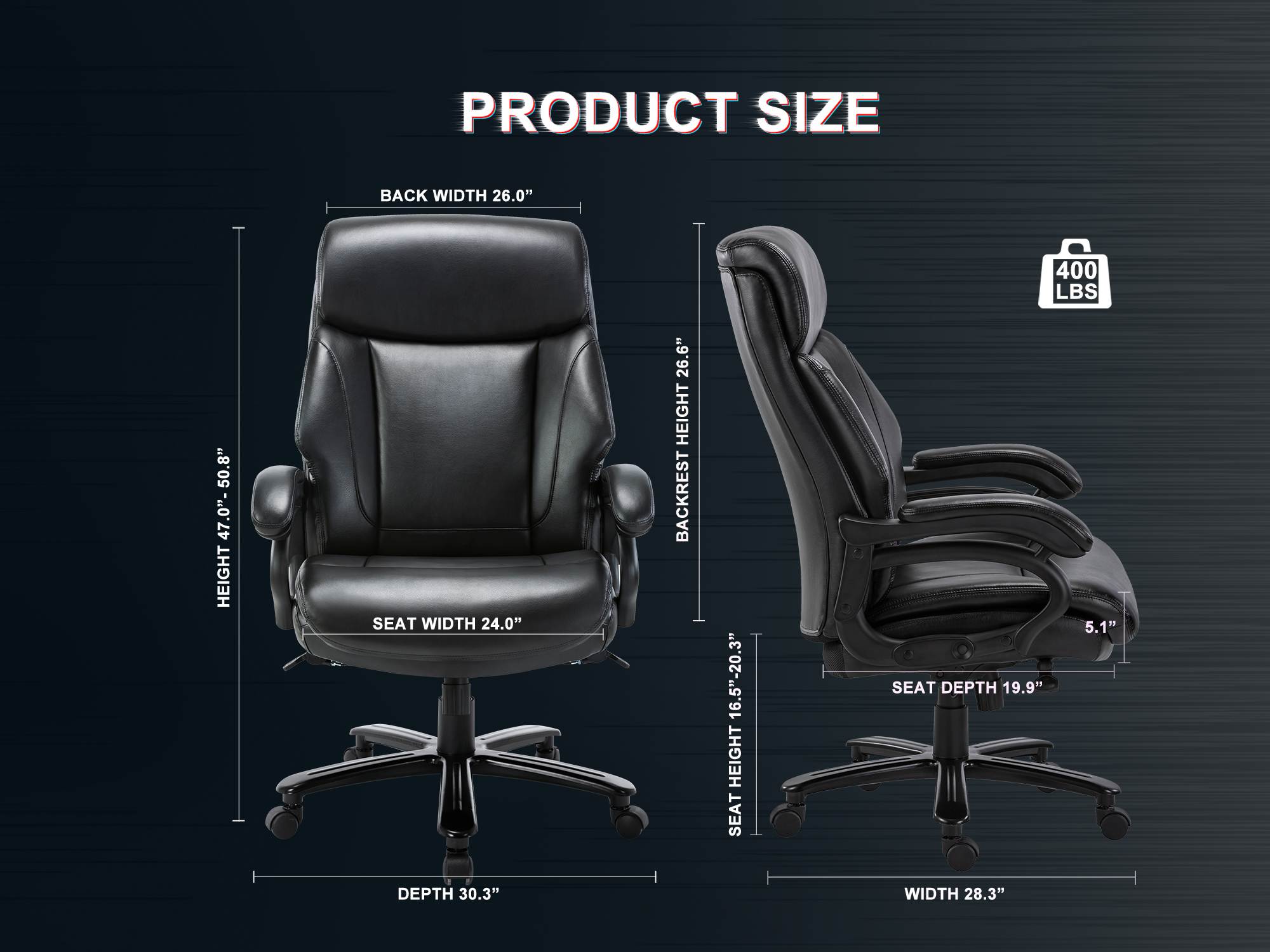 High Back Big & Tall 400lb Ergonomic Bonded Leather Office Chair - Executive Desk Computer Swivel Chair - Heavy Duty Metal Base, Adjustable Tilt Angle with Lumbar Support