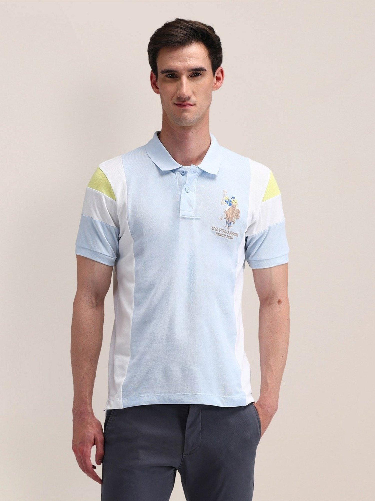 U.S. Polo Assn. Blue Cotton Slim Fit Colour Block Polo T-Shirt