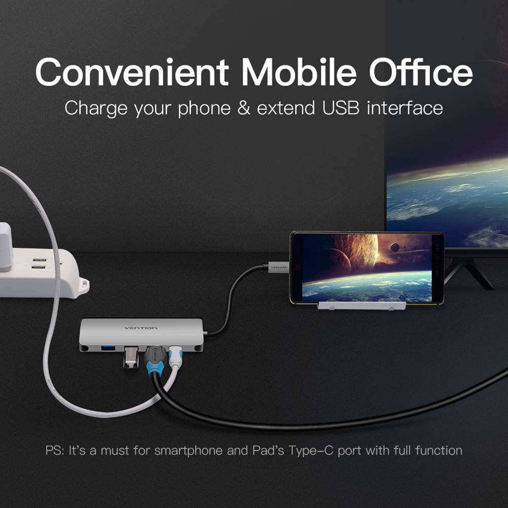 Vention USB C to HDMI Adapter,USB Type C to 4K HDMI with 3&times; USB 3.0 Hub Power Delivery Charging Port for MacBook ,Chromebook, XPS,and more USB C Laptops