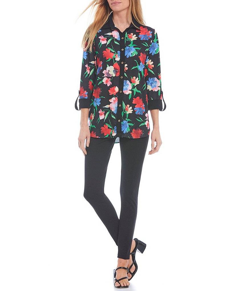 Calessa Petite Size Matte Jersey Knit Button Front Roll Tab Blouse