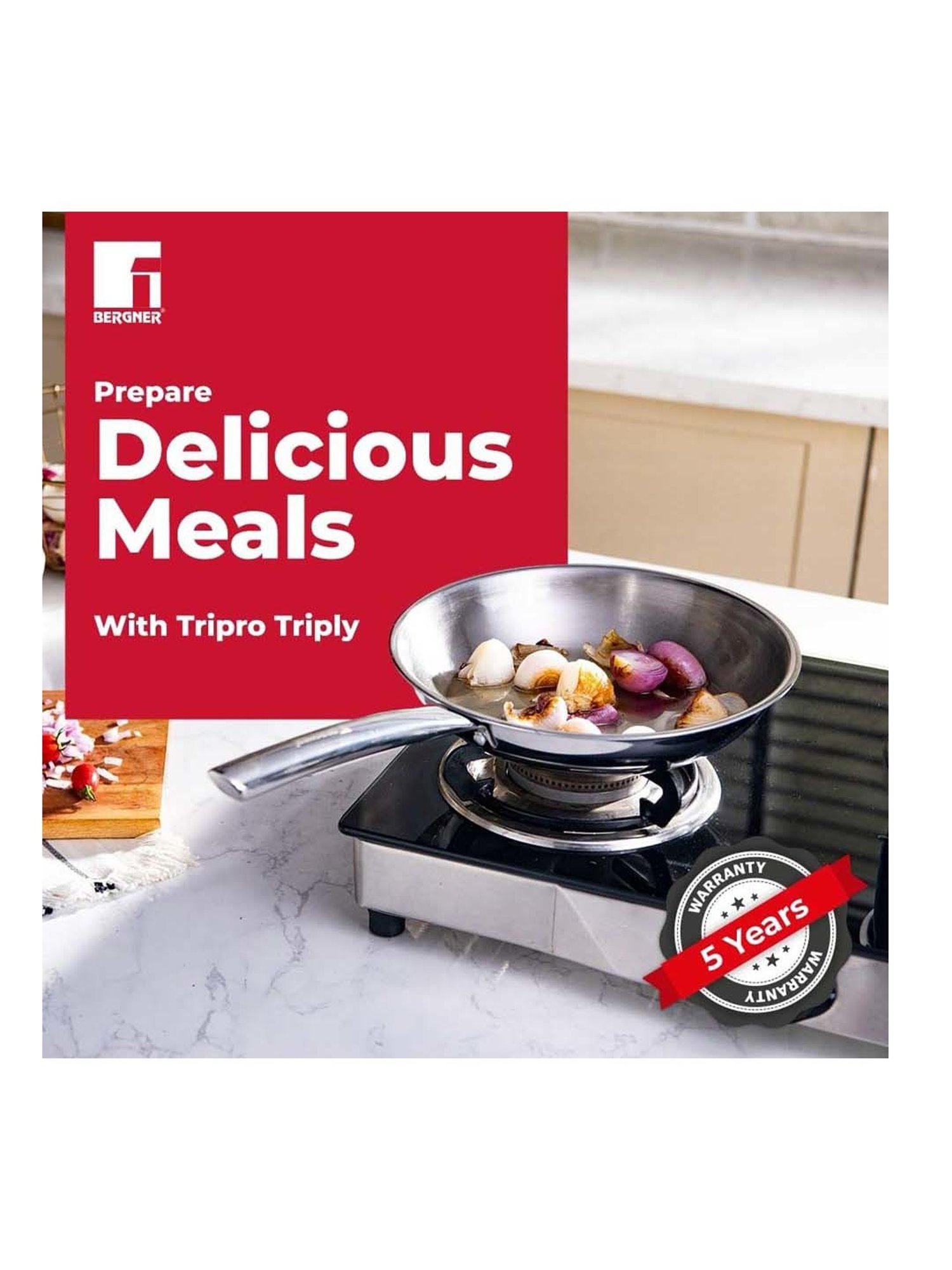 Bergner Tripro Silver Stainless Steel 22 cm Induction Friendly Triply Frypan & Skillet (1.1 L)