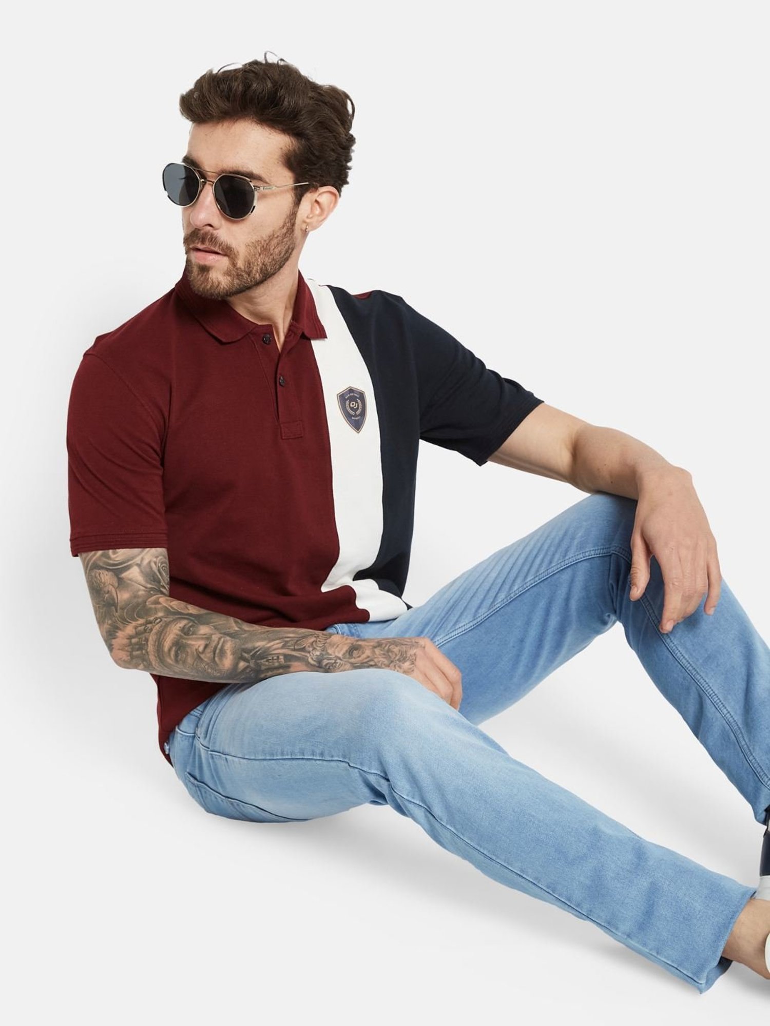 Octave Merlot Cotton Regular Fit Colour Block Polo T-Shirt