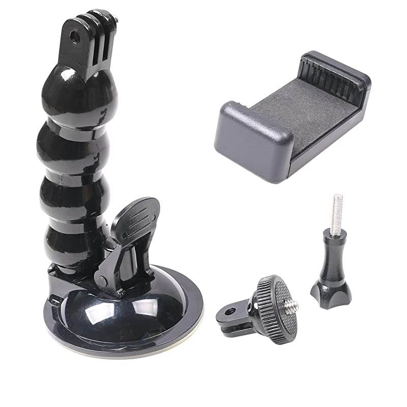 Gooseneck Extension Suction Cup Car Mount Holder with Phone Holder for GoPro Hero 8765 Black4 Session4 Silver3+iPhoneSamsung GalaxyGoogle Pixel and More