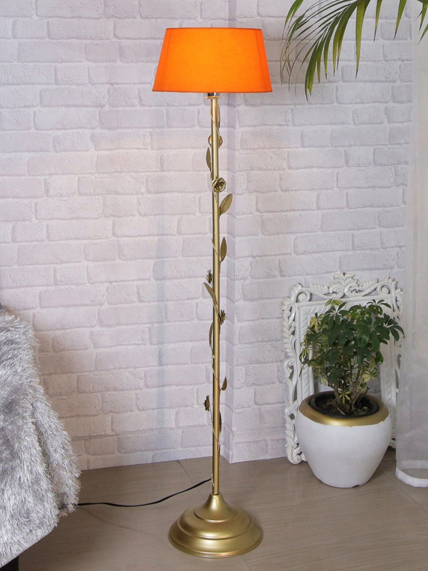 Homesake Orange & Golden Metal Standing Floor Lamp with Bulb and Floor Switch (Iron Legs)