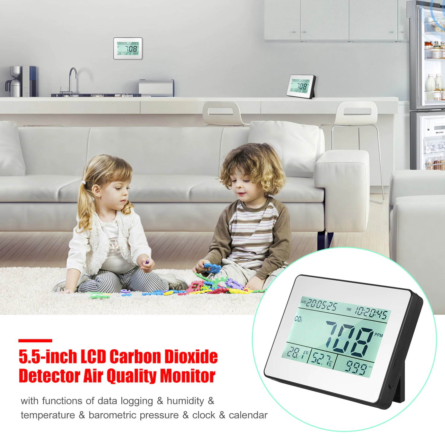 Carbon Dioxide Detector Air Quality Monitor with Data Logging Clock Function 5.5-inch Large  Wall Mountable CO2 Detector