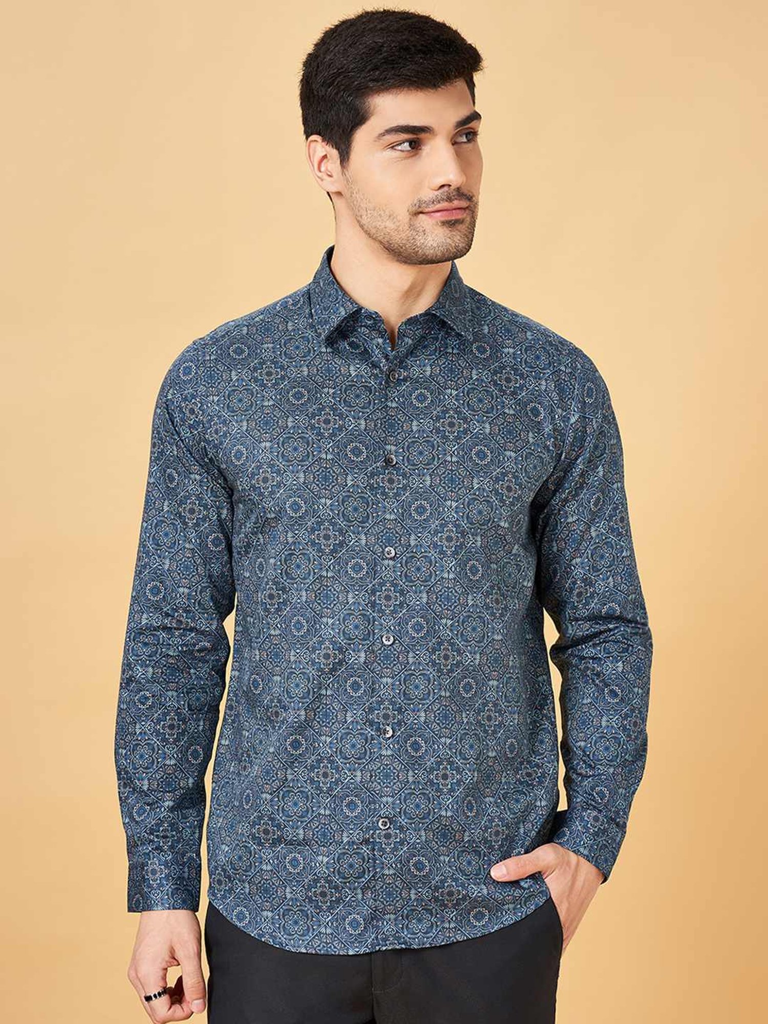 Peregrine By Pantaloons Navy Slim Fit Printed Shirt