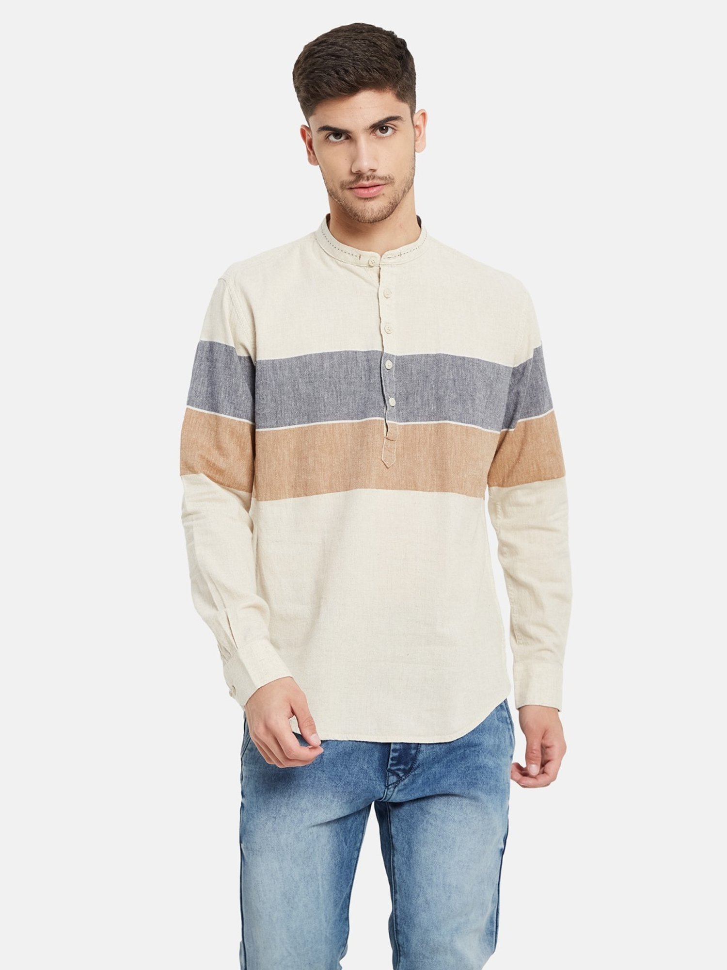 METTLE Natural Cotton Regular Fit Colour Block Shirt
