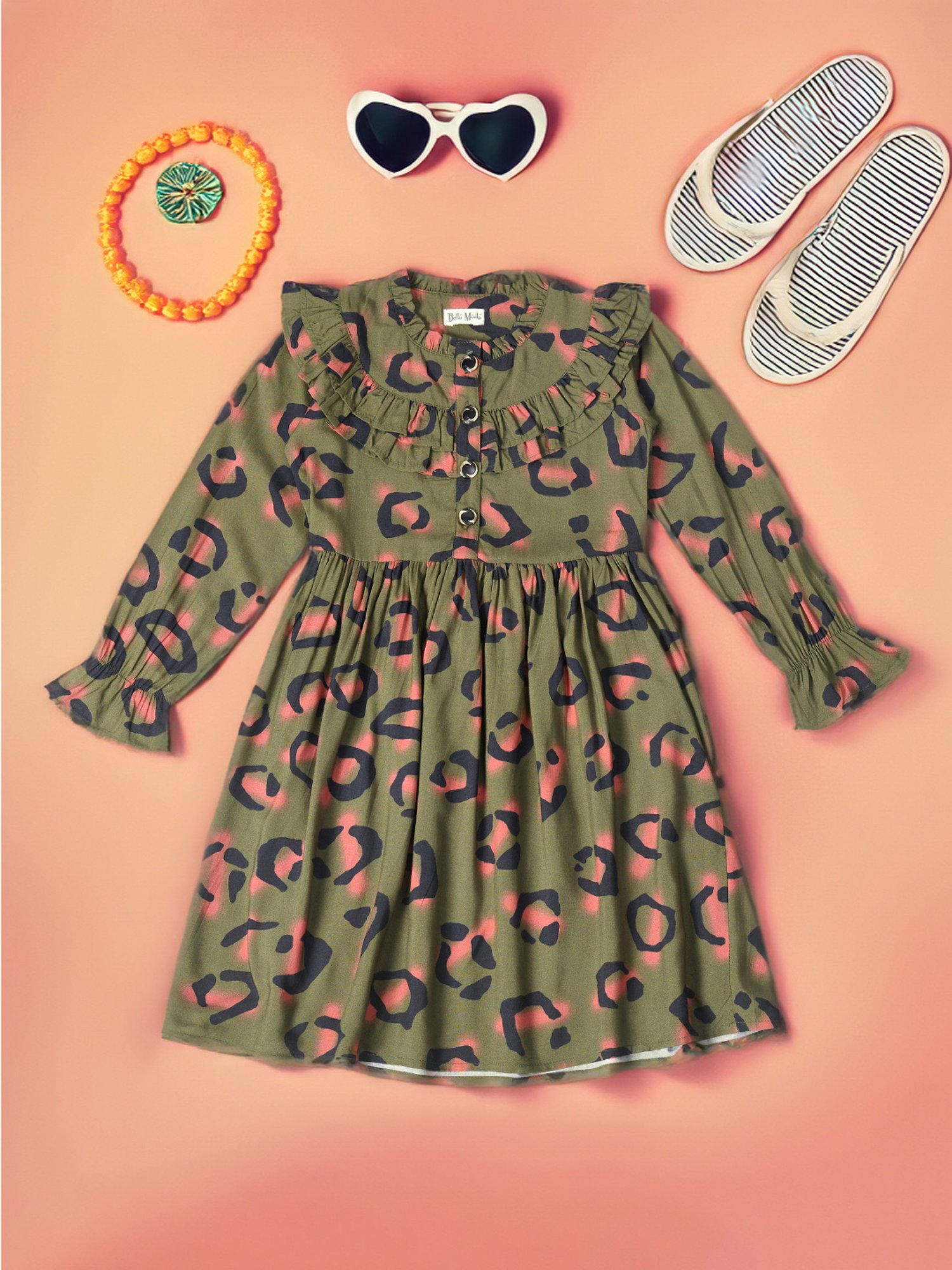 Bella Moda Kids Green Printed Full Sleeves Fit & Flare Dress