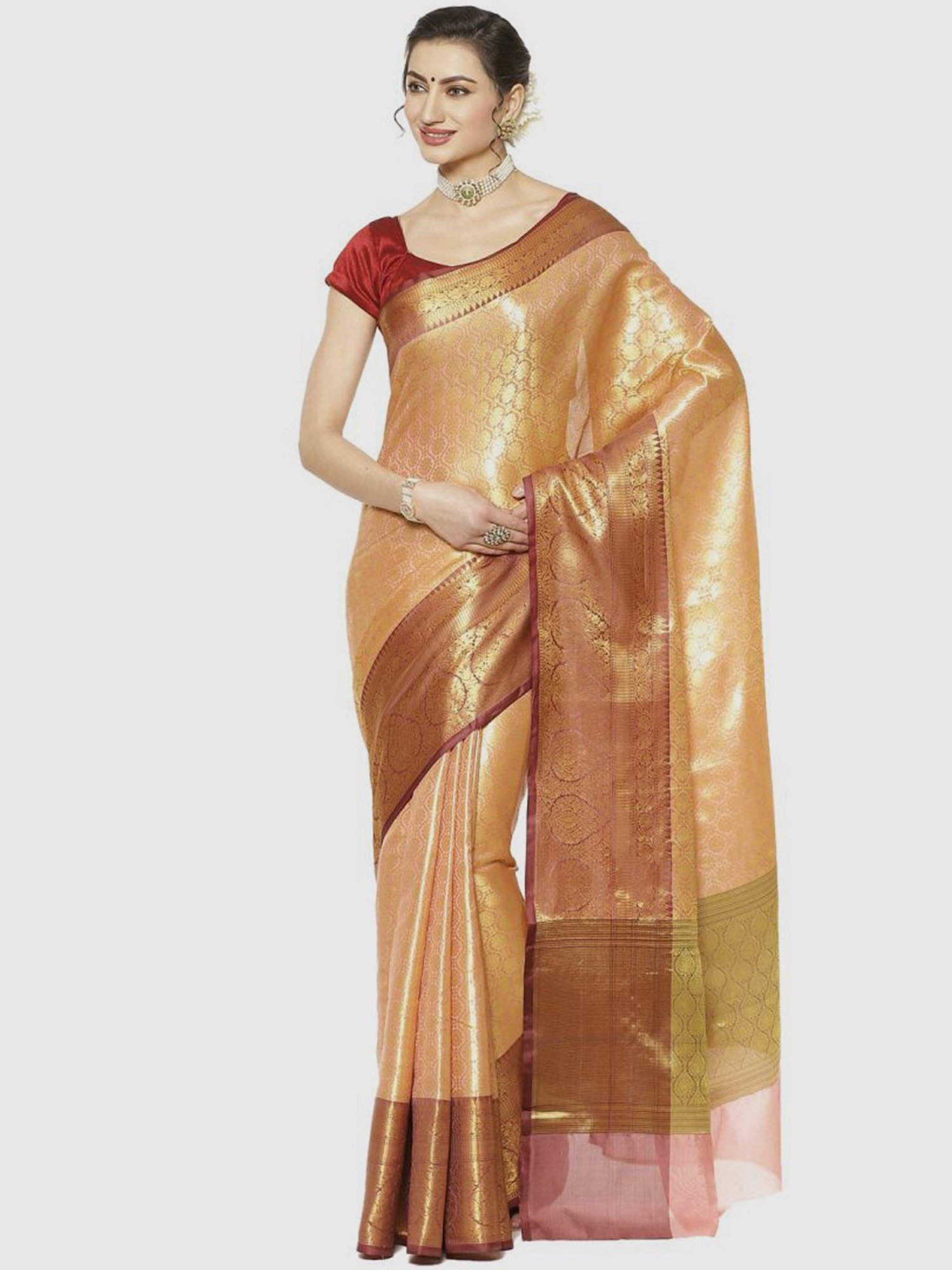 Banarasi Silk Works Peach & Brown Woven Saree With Unstitched Blouse