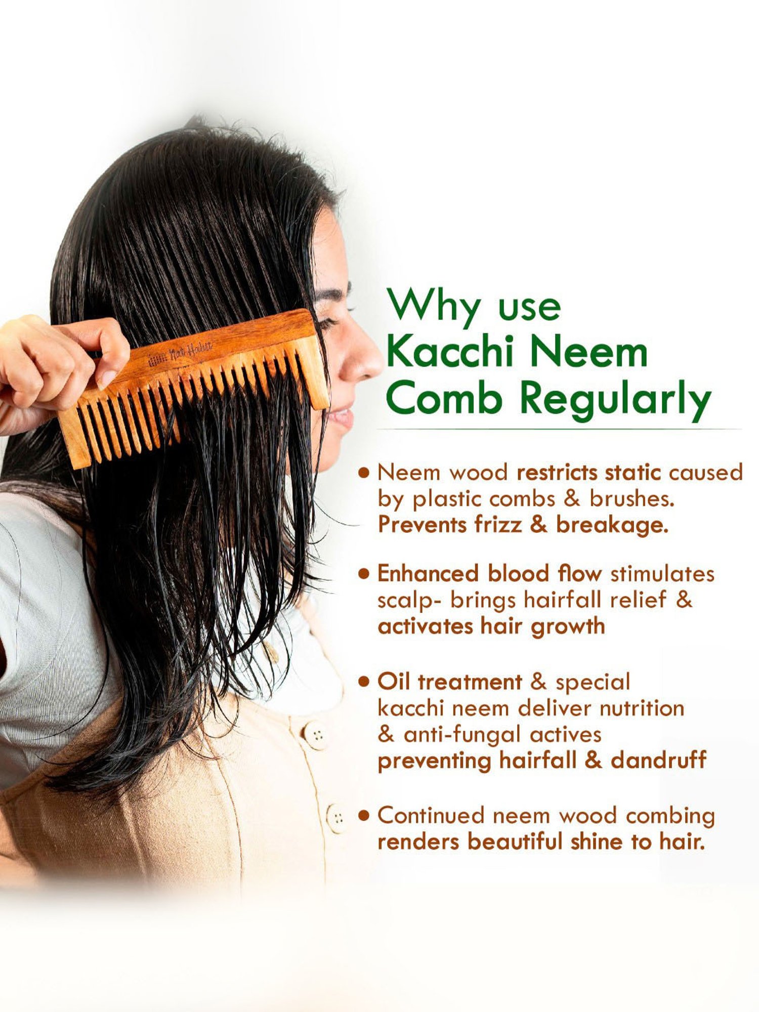 Nat Habit Kacchi Neem Wooden Wide Tooth Comb - Large