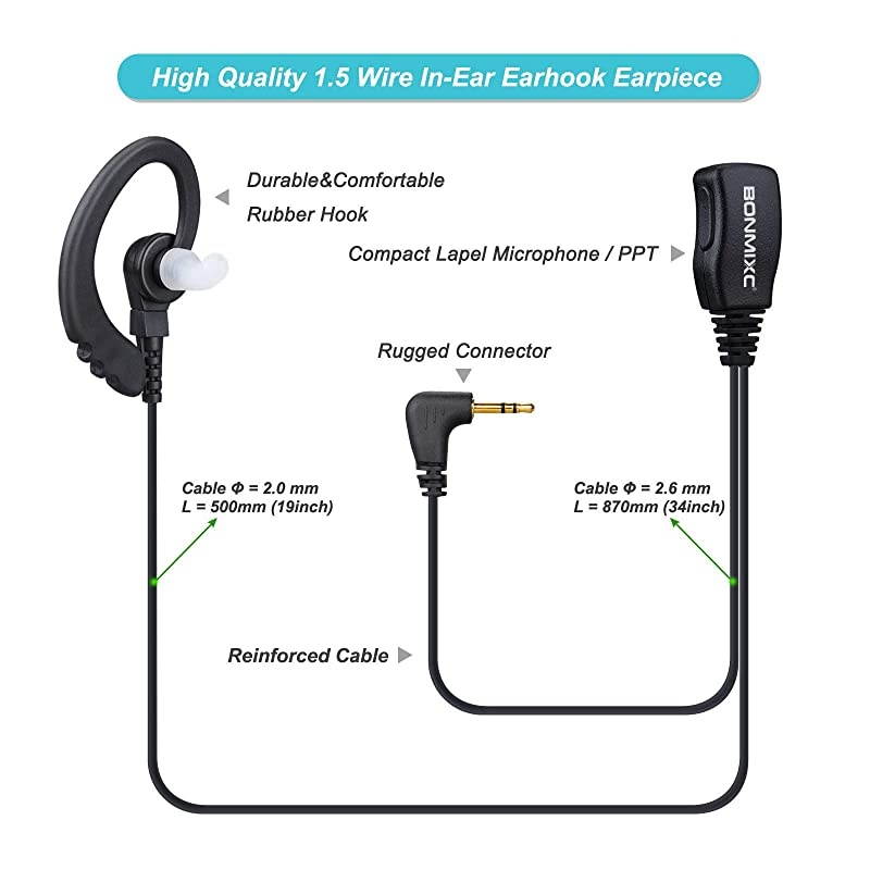 2 Pack Walkie Talkie Earpiece Mic PTT Compatible with Motorola Talkabout Cobra 25mm 1Pin TwoWay Radio Earpiece Reinforced Cable G Shape inEar