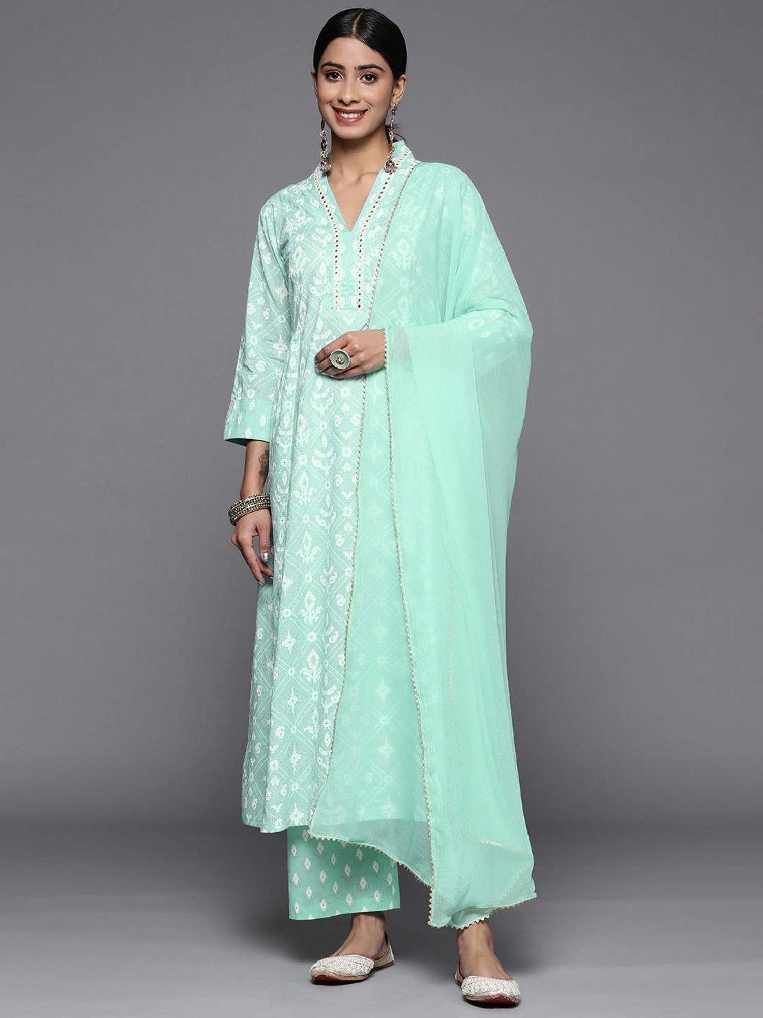 Varanga Blue Cotton Printed Kurta Palazzo Set With Dupatta