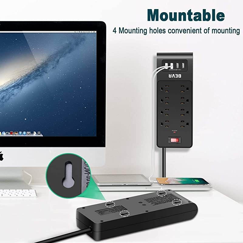 Protector Power Strip with USB Ports, 4 USB 8 Outlets Mountable Power Strip with 6 FT Long Extension Cord, 1875W/ 15A, 300 Joules, for Smartphone Tablets Home,Office & Hotel- Black