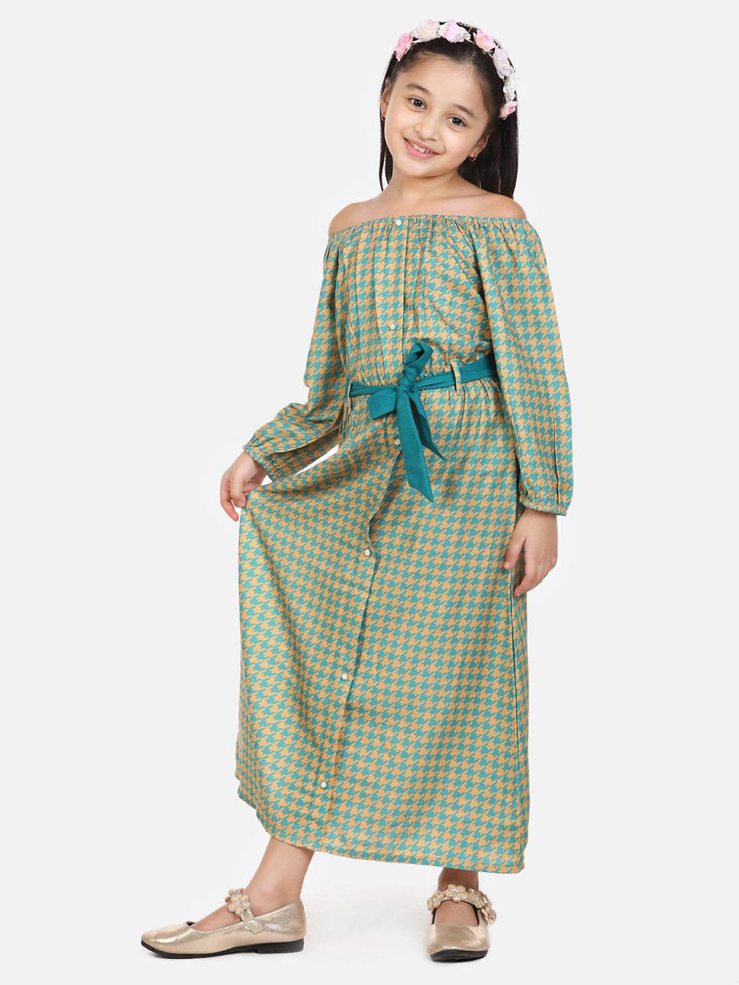 LilPicks Kids Green Cotton Printed Full Sleeves Dress