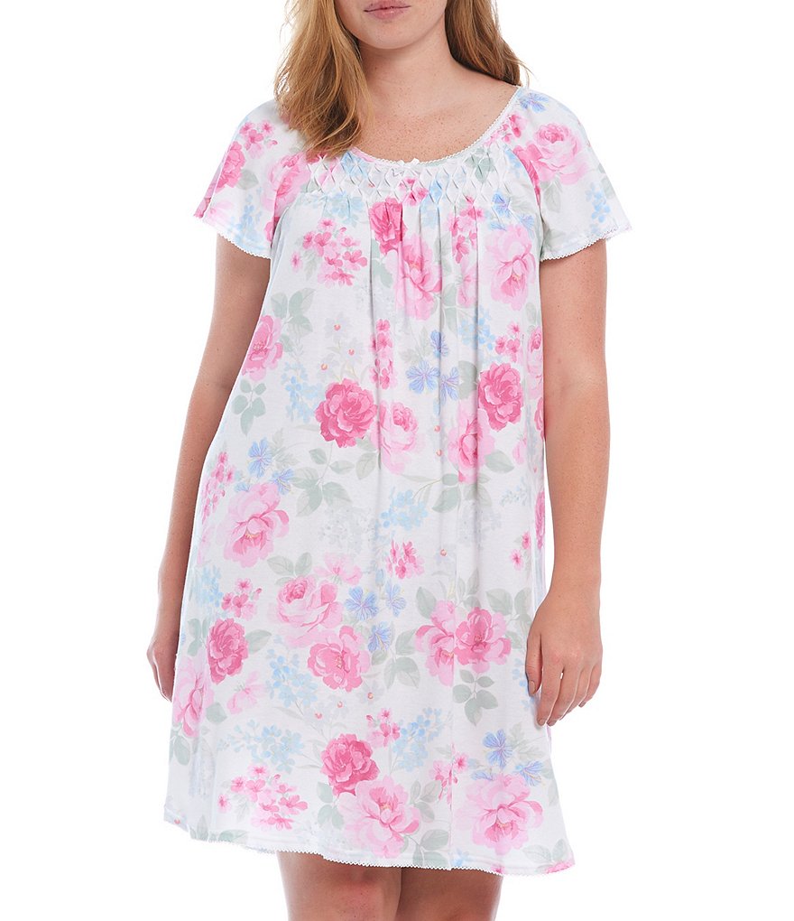 Miss Elaine Plus Cottonessa Floral Print Knit Short Nightgown