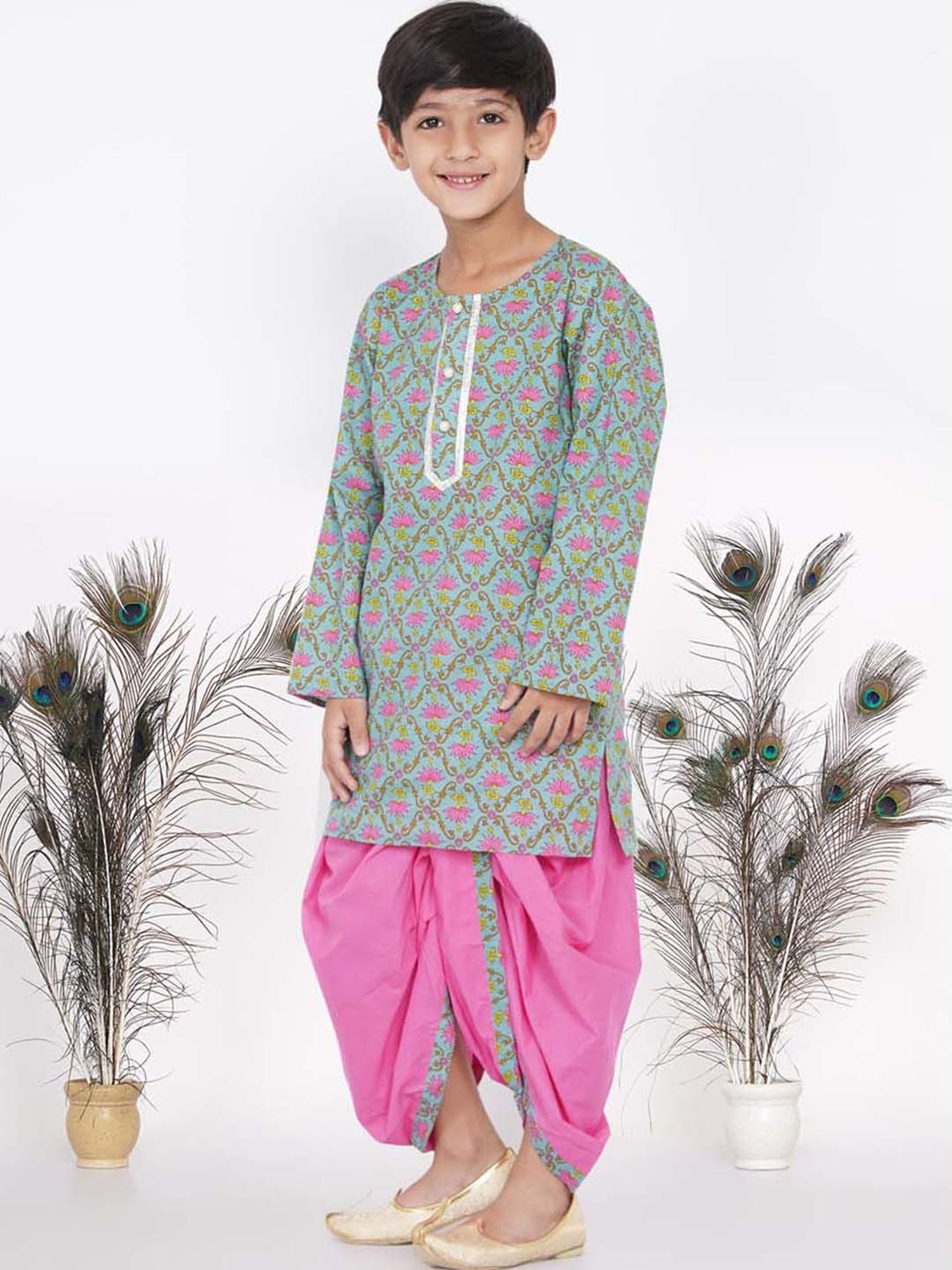 Little Bansi Kids Green & Pink Cotton Floral Print Kurta Set