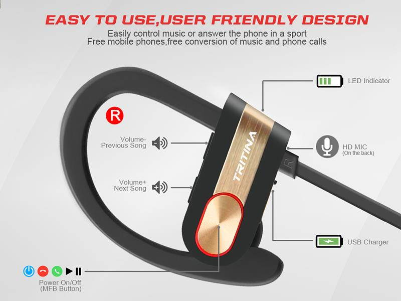 Tritina Sports Bluetooth Earphone Built-in Microphone - Stereo Sound Form Ear Tips, Sweat-proof Sport Earphone Running,Jogging with music (Black with Gold)