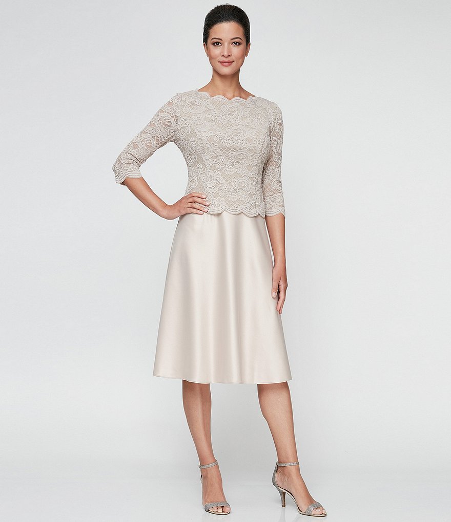 Alex Evenings 3/4 Sleeve Stretch Lace Scalloped Jewel Neck Dress