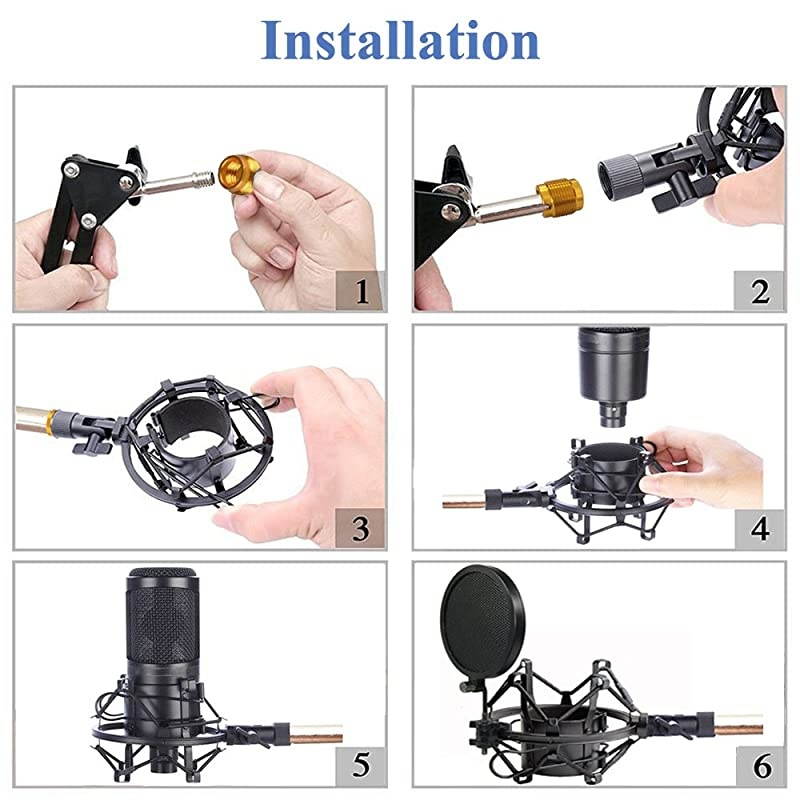 4247mm Microphone Shock Mount with Double Mesh Pop Filter Screw Adapter Adjustable Anti Vibration High Isolation Metal Mic Mount Holder Clip for Diameter of 4247mm Microphone